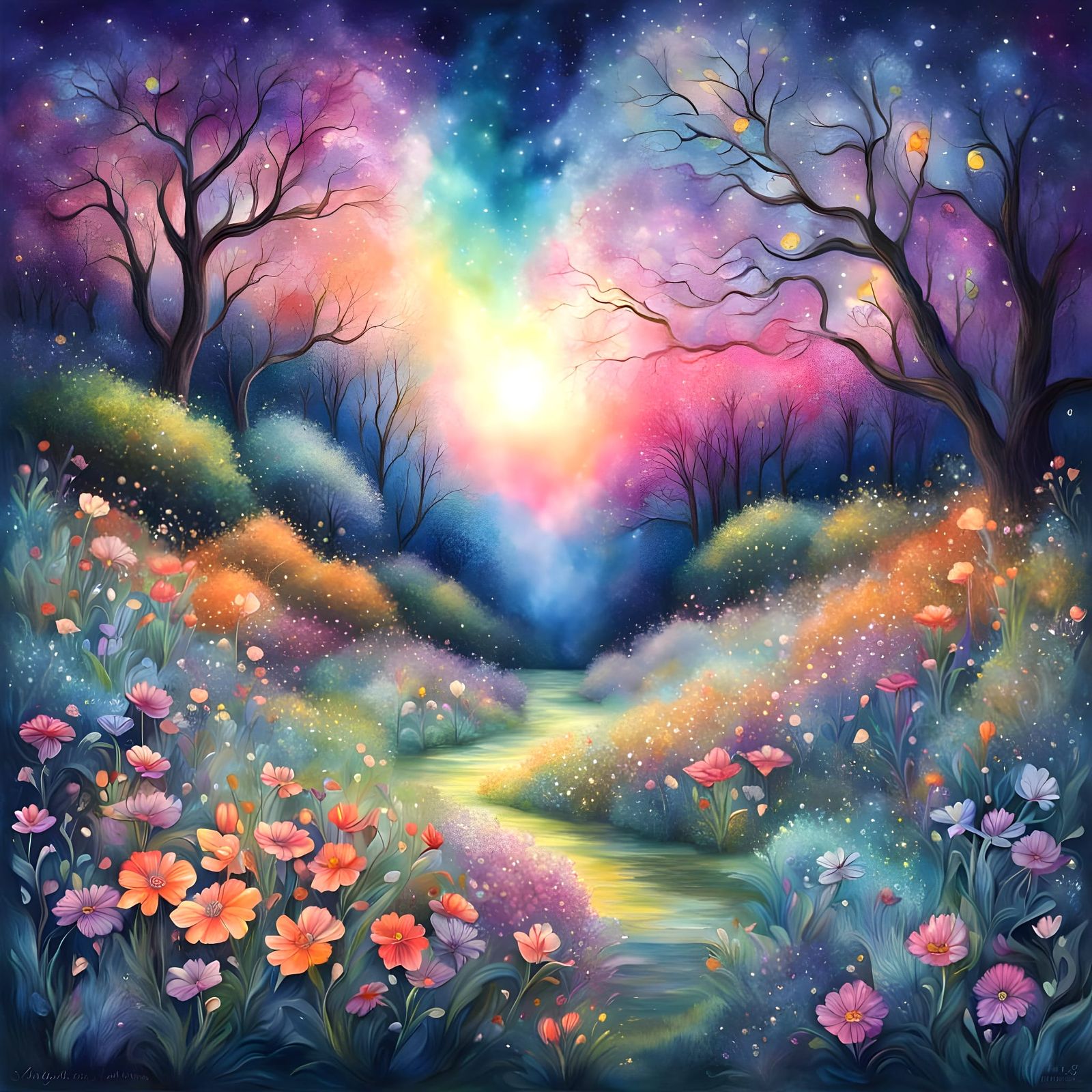 Ethereal Garden Blooms with Radiant Happiness