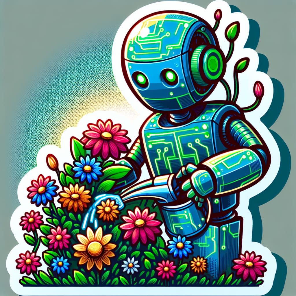 Robot Gardener in Whimsical Sticker Illustration