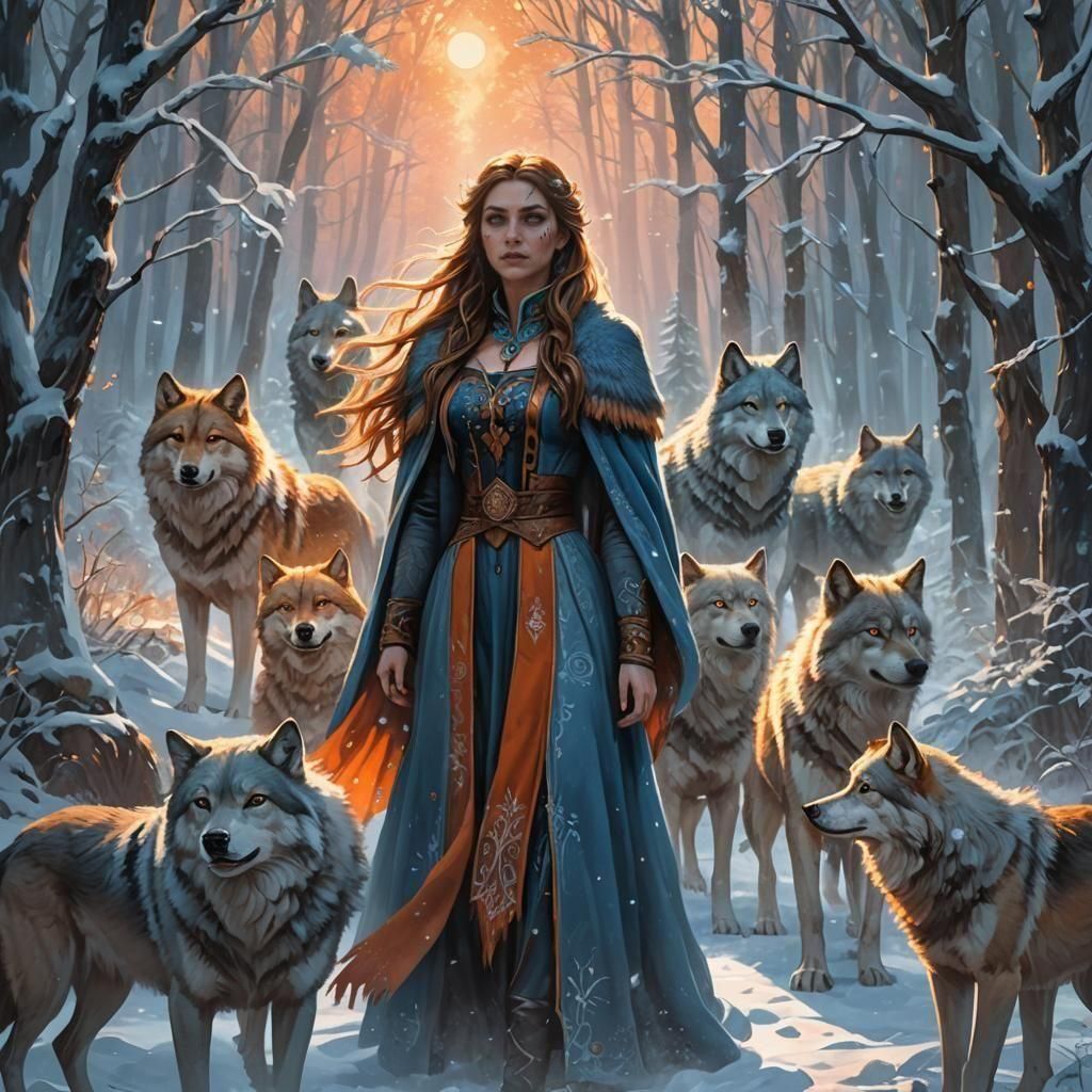 Wolf Lady in Snowy Forest: Fantasy Concept Art