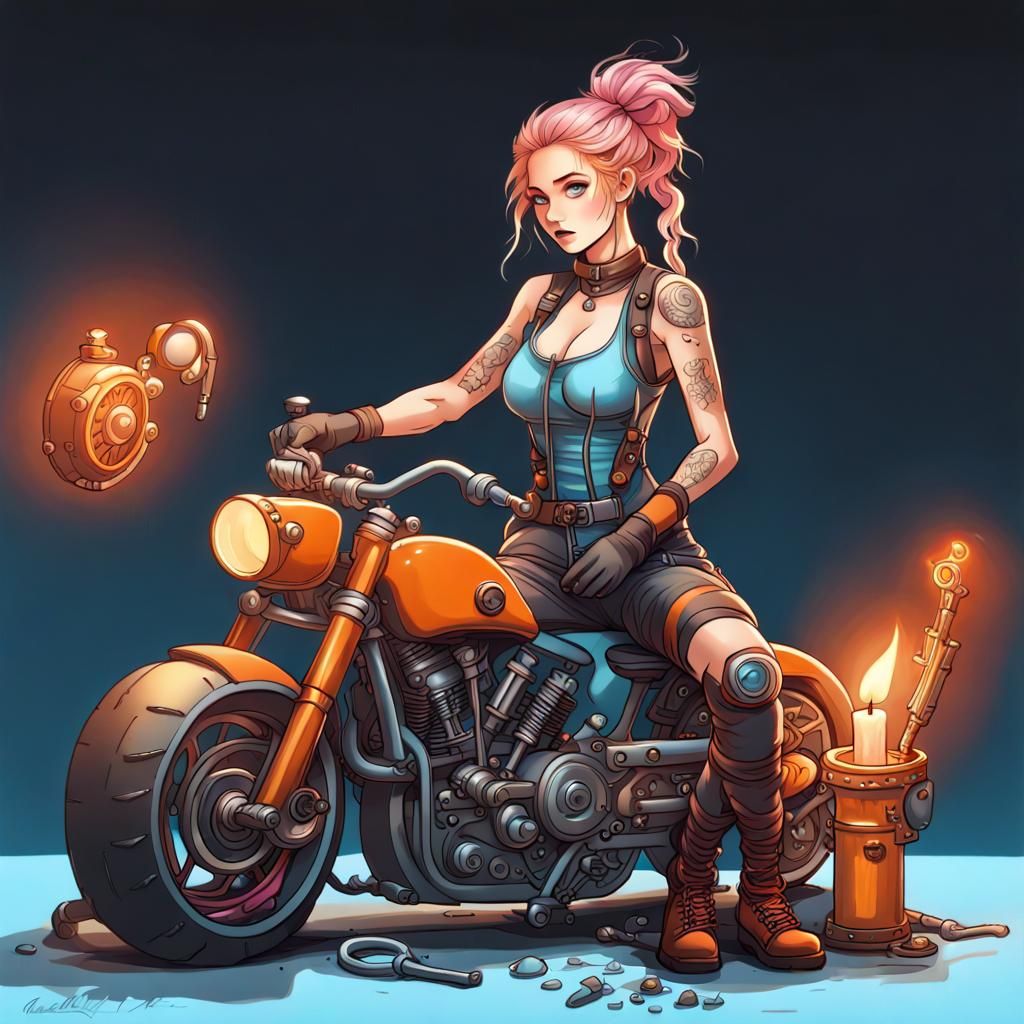 Steampunk Mechanic Girl Repairs Chopper Motorbike