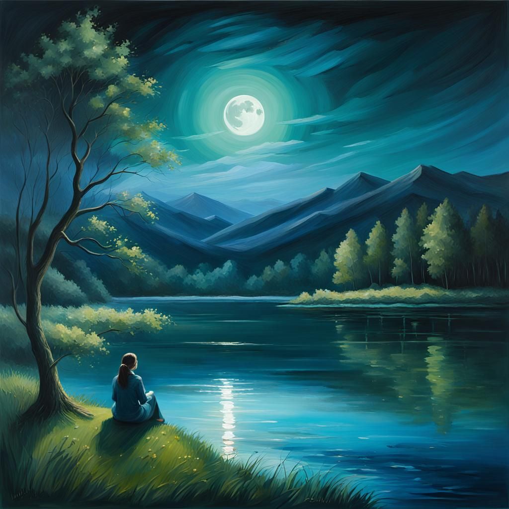Woman Gazing at Moonlit Lake: Serene Oil Painting