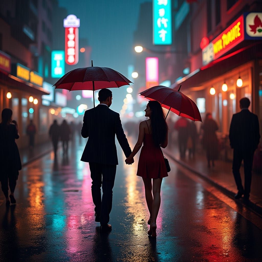 Happy Couple Walks Through Neon City in Rainy Romance