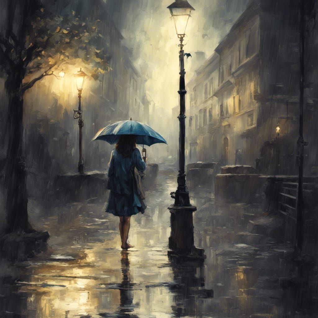 Rainy Nordic Village: Woman with Umbrella in Dramatic Lighti...