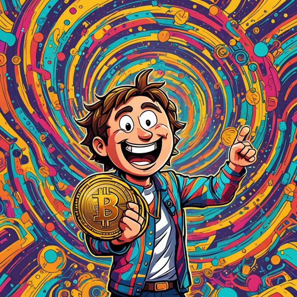 Excited Cartoon Character Holding Cryptocurrency Coin
