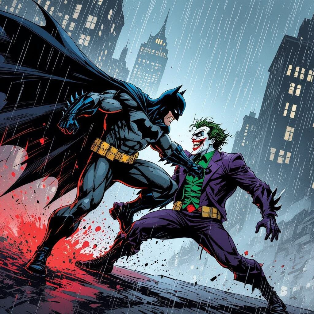 Batman in Dark Comic Style Rips Joker in Half