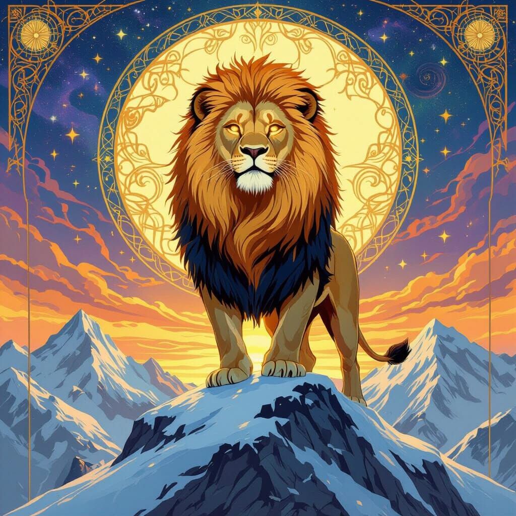 Fiery Lion on Snowy Peak in Art Deco Style
