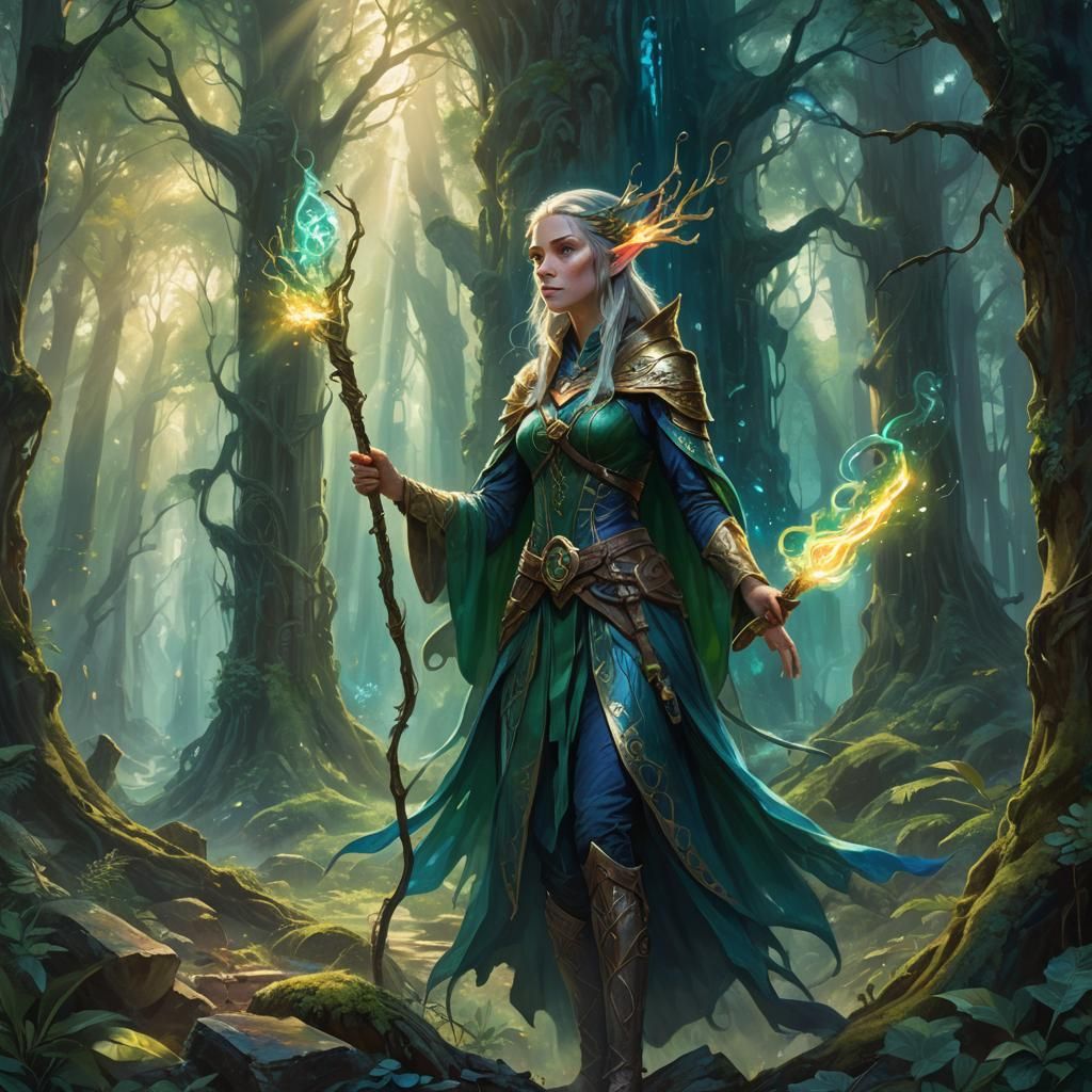 Elf Wizard in Mystical Forest Ruins