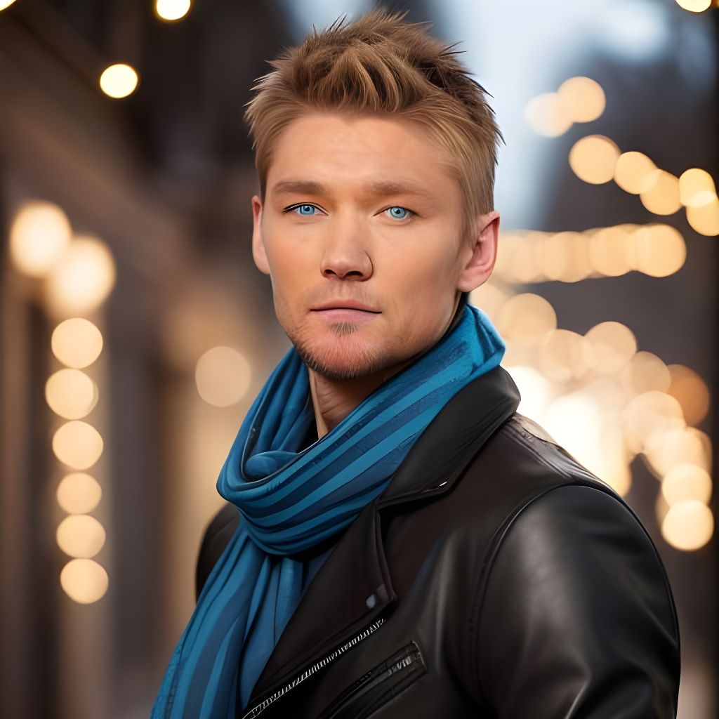 Handsome Man in Festive Winter Street Scene
