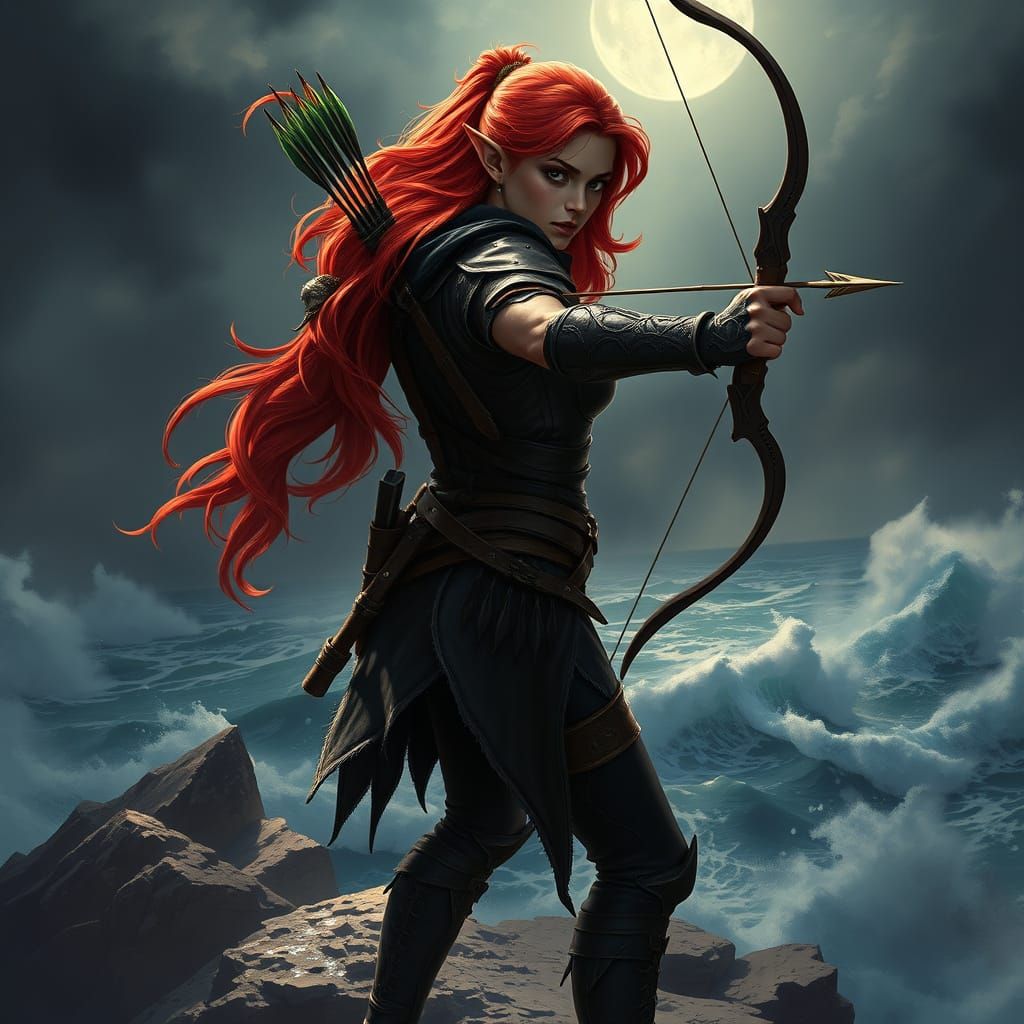 Elven Huntress on Clifftop in Dramatic Lighting