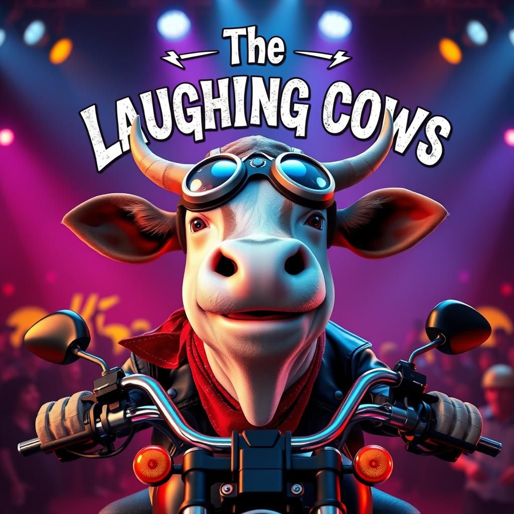 Laughing Cow Rockstar on Motorcycle, 3D Digital Art