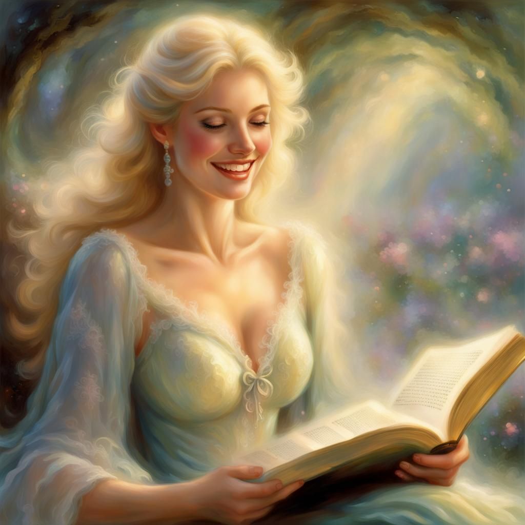 Ethereal Blonde Woman Reading in Kinkade Style