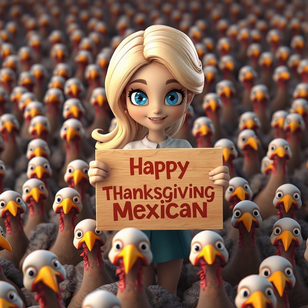 A Blonde Woman Surrounded by Adoring Turkeys on Thanksgiving