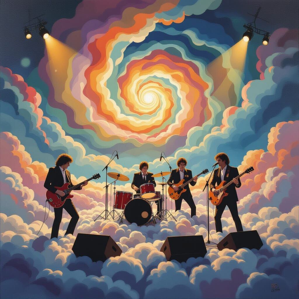 Surrealist Oil Painting of XTC Performing on Cloud Stage