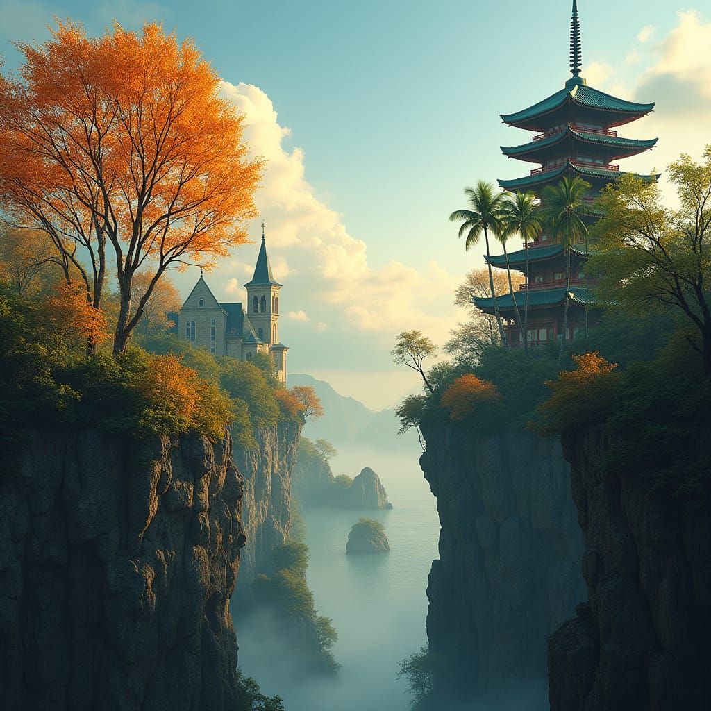 Surreal Tectonic Divide: Tropical Temple and Victorian Cathe...