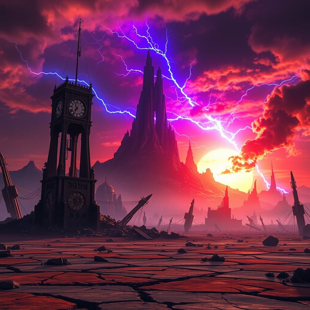 Desolate World in Apocalyptic Ruin at Sunset