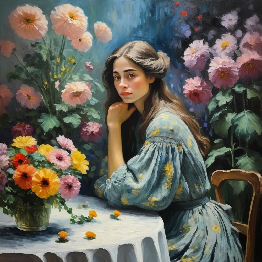 Melancholy Woman with Flowers: Monet-Inspired Oil Painting