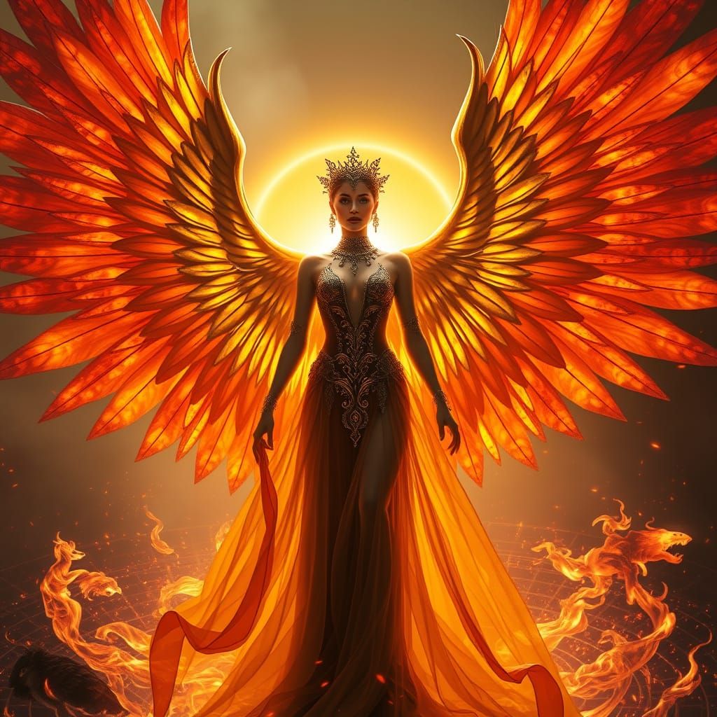 Empress With Luminous Stained Glass Phoenix Wings at Sunrise