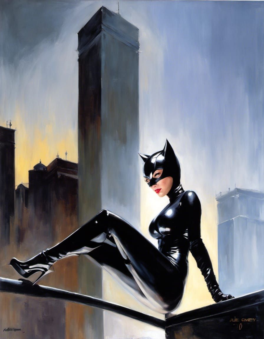 Catwoman in Latex Bikini: Oil Painting