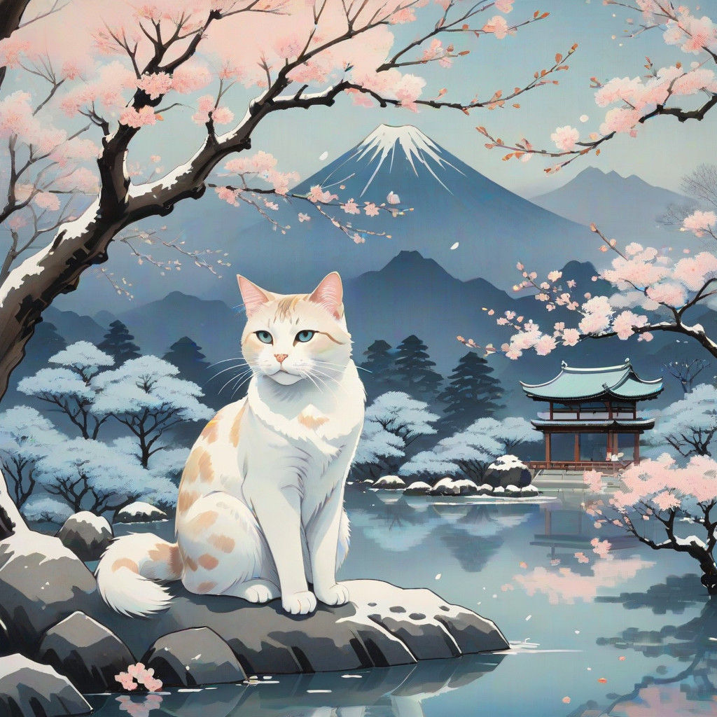 Cat Serenely Enjoys Winter Garden in Traditional Japanese St...