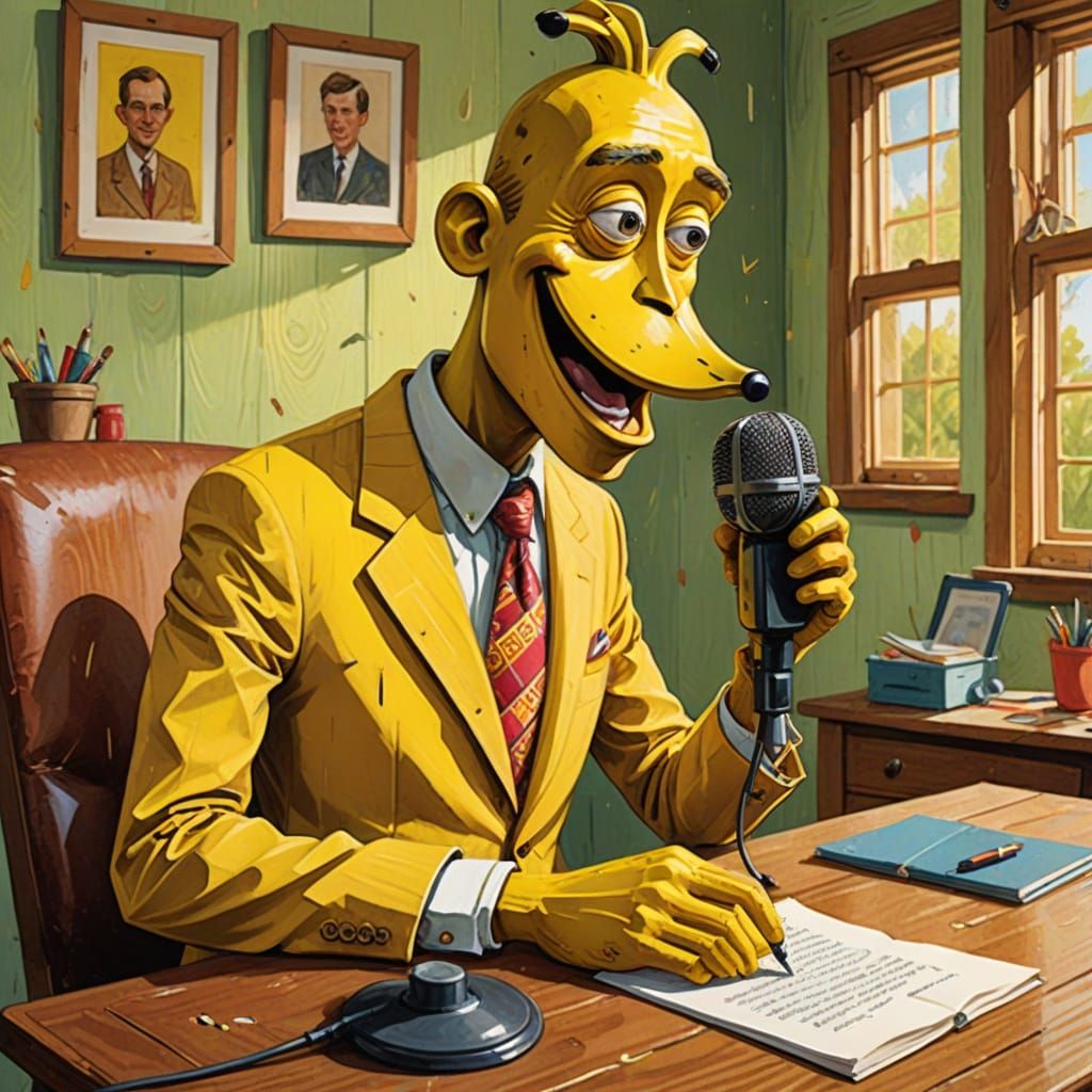 Vibrant Satirical Portrait of Mr. Banana Head in Whimsical G...