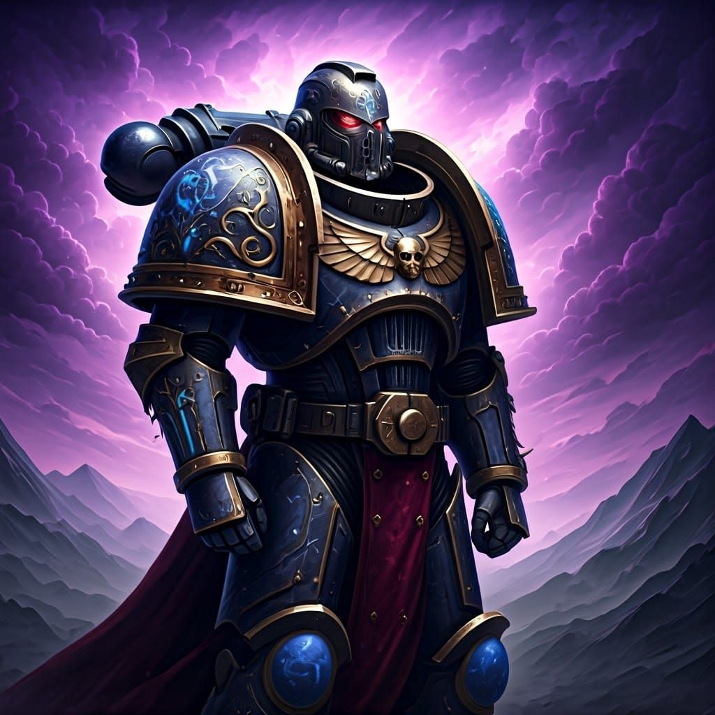 Space Marine in Majestic Power Armor, Set Against a Dreamlik...