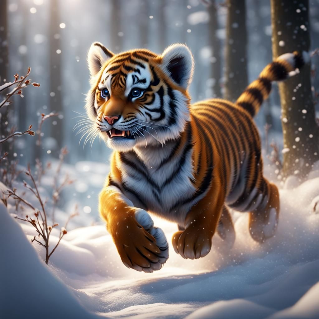 Happy Tiger Cub Running in Snowy Landscape