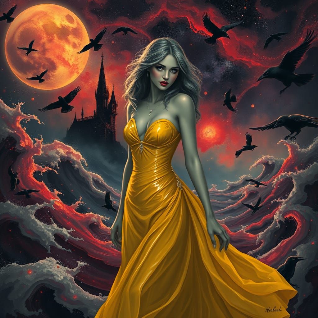 Dark Fantasy Woman in Galaxy of Blood-Red Snow