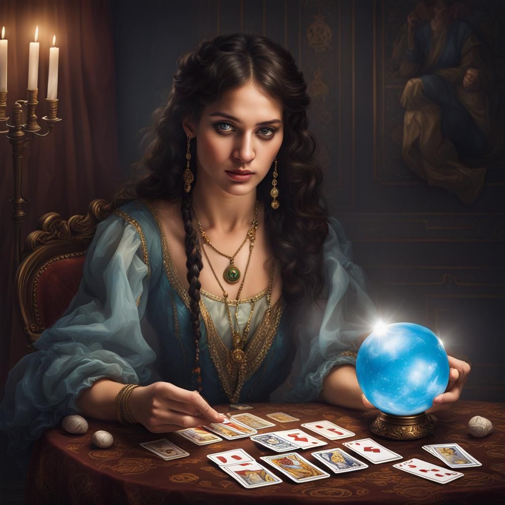 Young Woman Reads Tarot Cards with Crystal Ball