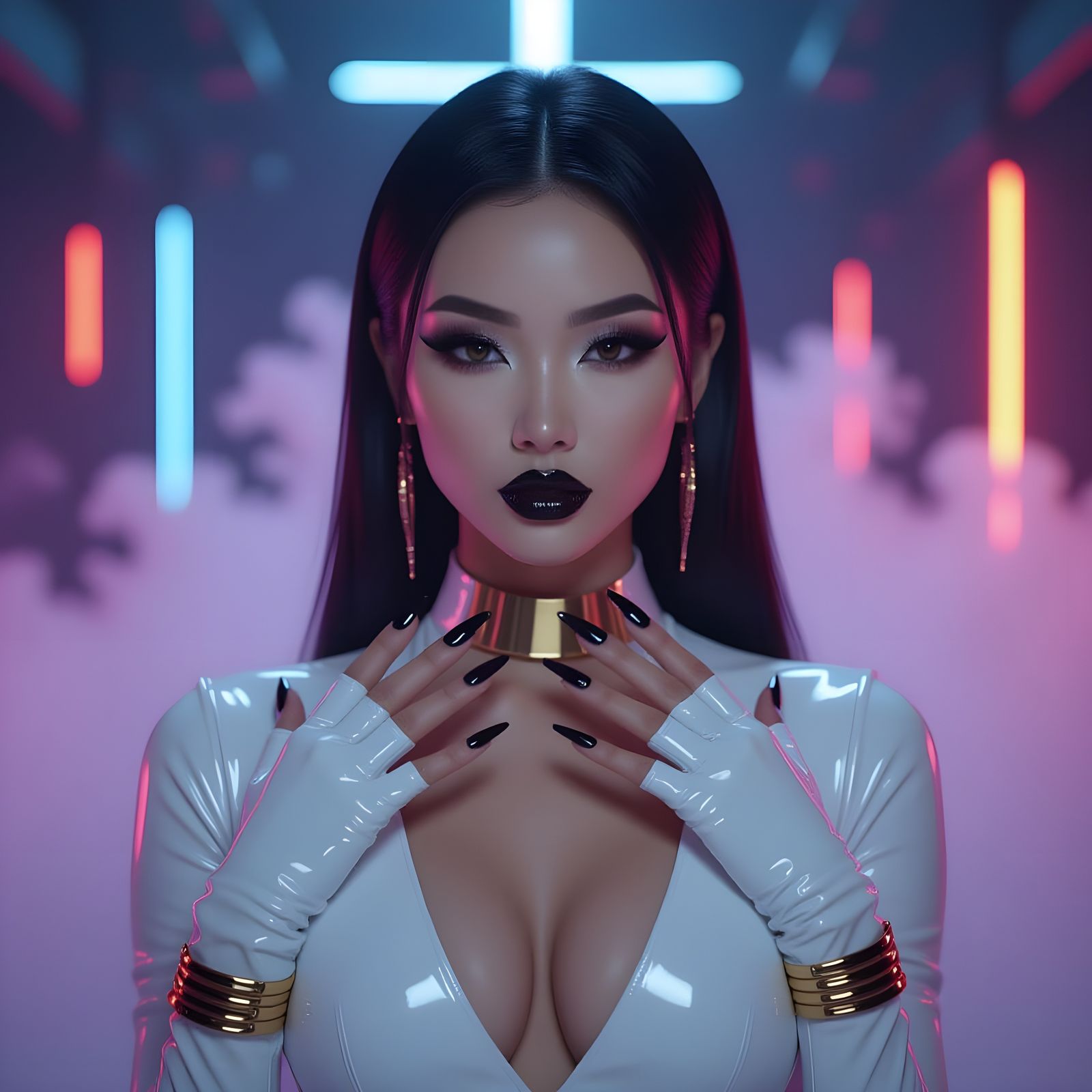 Asian Woman in White Latex with Goth Makeup and Neon Fog