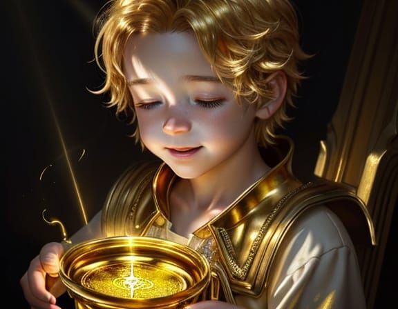 Magical Child With Golden Aura Holds Potion, Oil Painting