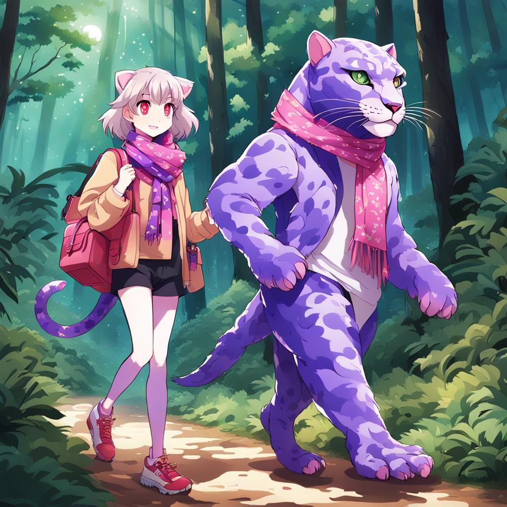 Purple Panther and Alligator in Anime Style