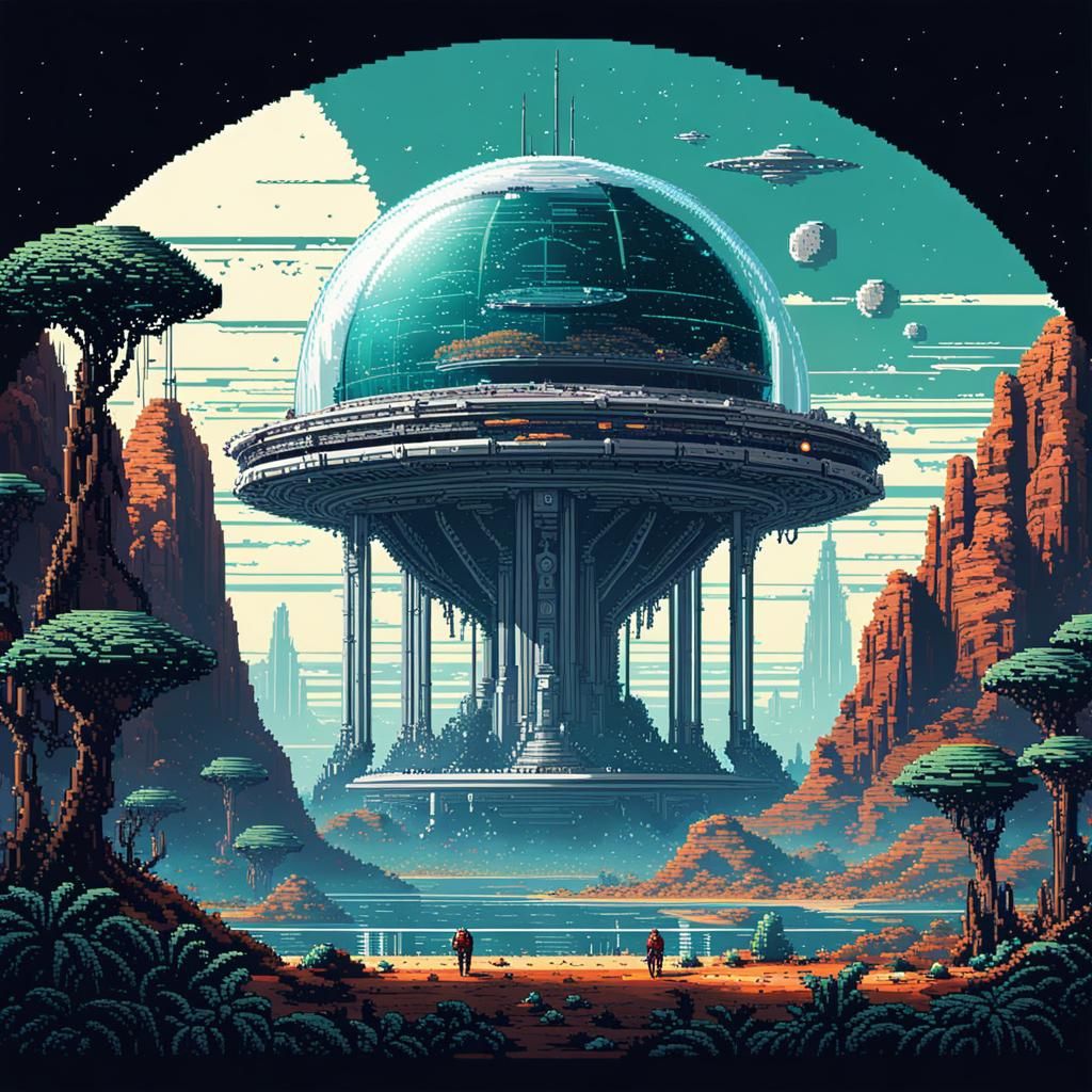 Futuristic Colony on Distant Planet: 8-bit Pixel Art