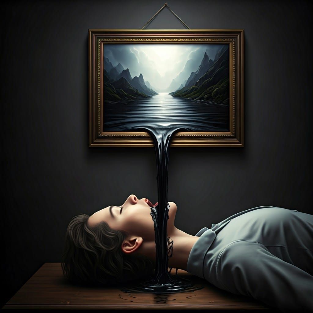 Surreal Black Water Flows into Open Mouth