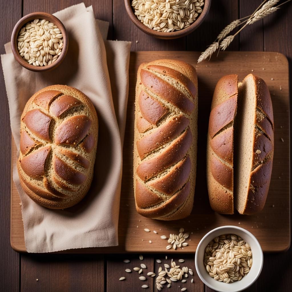 Rustic Wholemeal Breads on Wooden Tabletop
