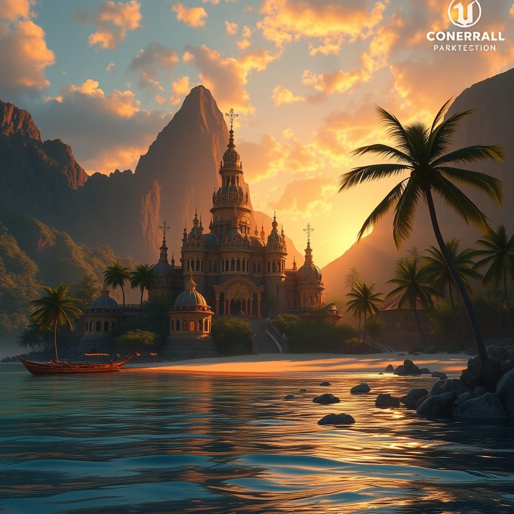 Epic Fantasy Beach Mansion at Sunset in Vibrant Golden Light