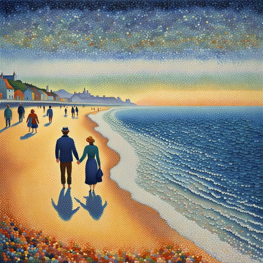 Seurat-Style Pointillist Couple on North Sea Beach