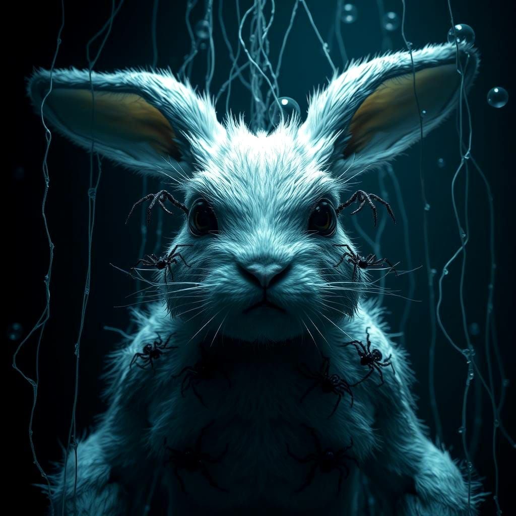 Eerie Spider-Entangled Bunny in Dark CGI Art