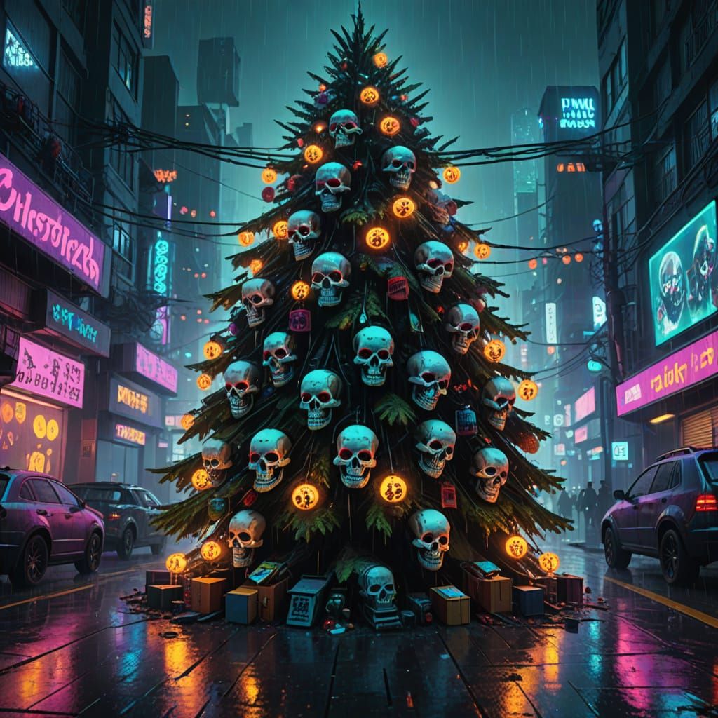 Cyberpunk Christmas Tree with Day of the Dead Skulls