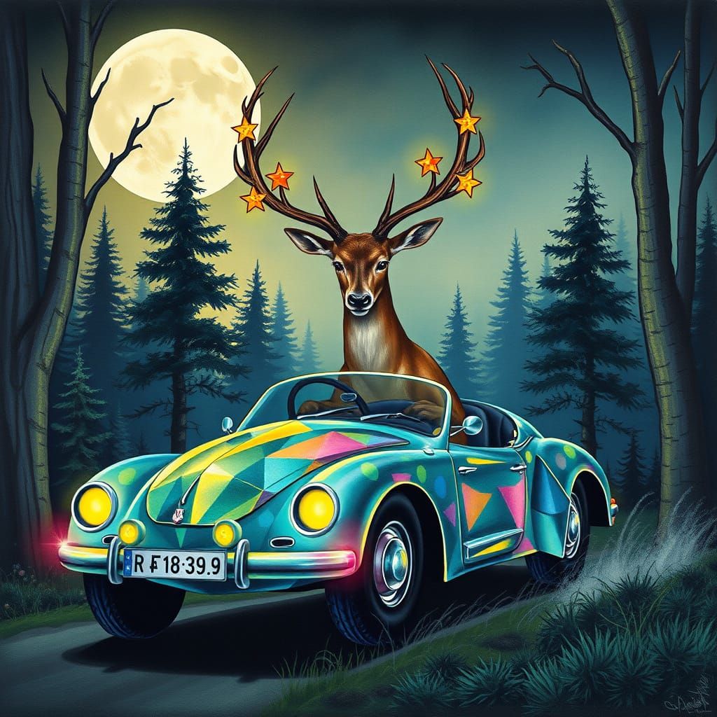 Stag Drives Crystal Car Through Moonlit Forest