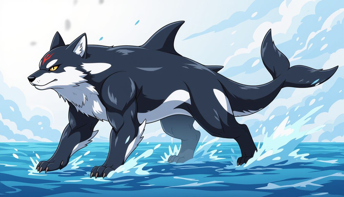 Orca-Wolf Hybrid Creature in Anime Style