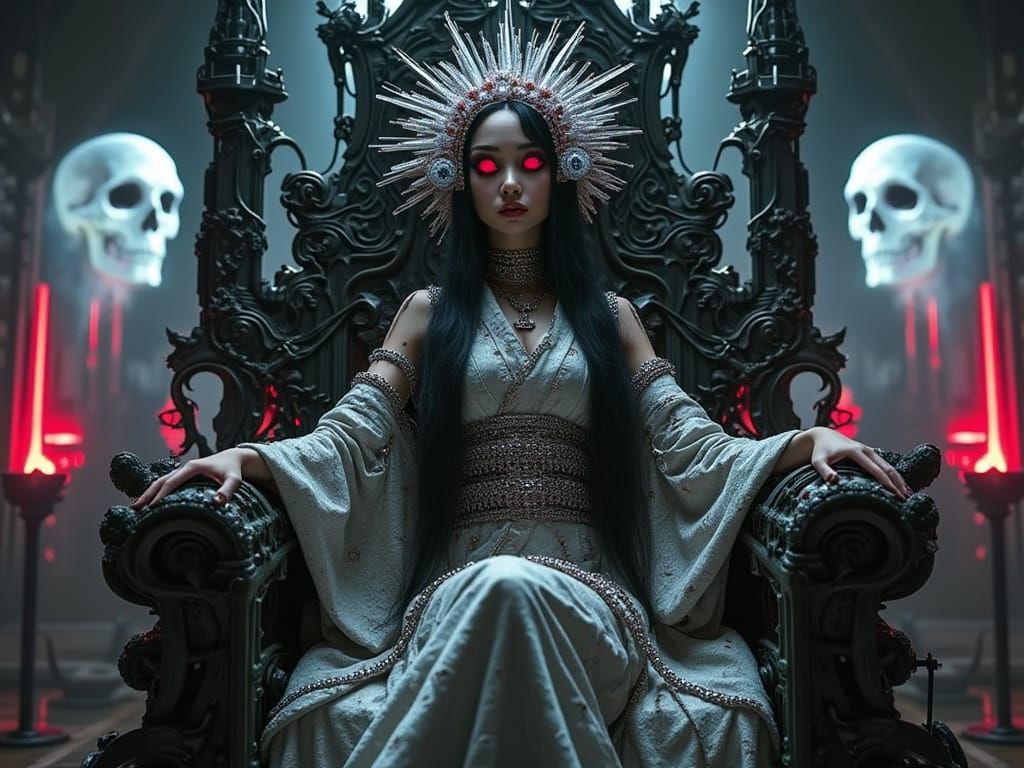 Gothic Cyborg Geisha on Metal Throne in Dark Fantasy Style