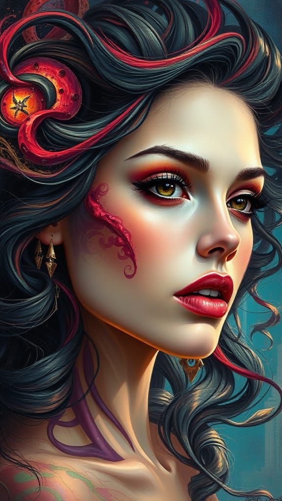 Woman in Alechinsky Style: Fantasy Surrealism Masterpiece