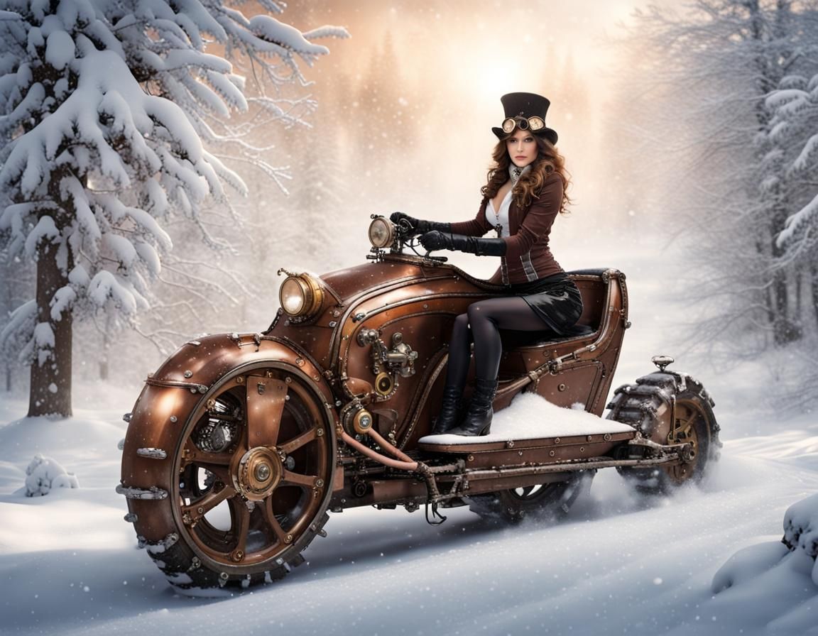 Steampunk Woman on Snowmobile in Snowy Scene