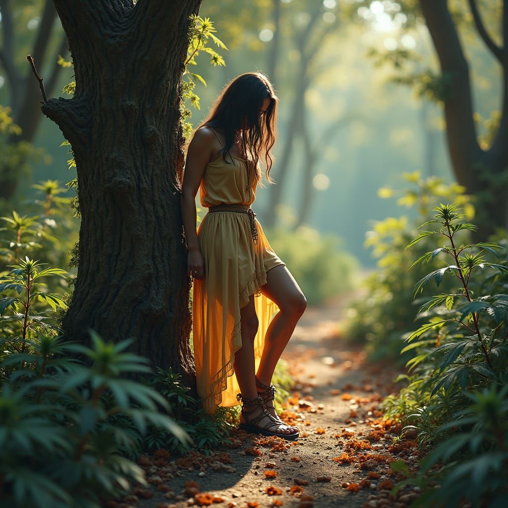 Woman Tied to Tree with Cannabis Chain in Dreamlike Forest