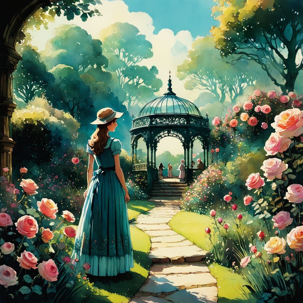 Colorful Rose Garden in Chiaroscuro Style