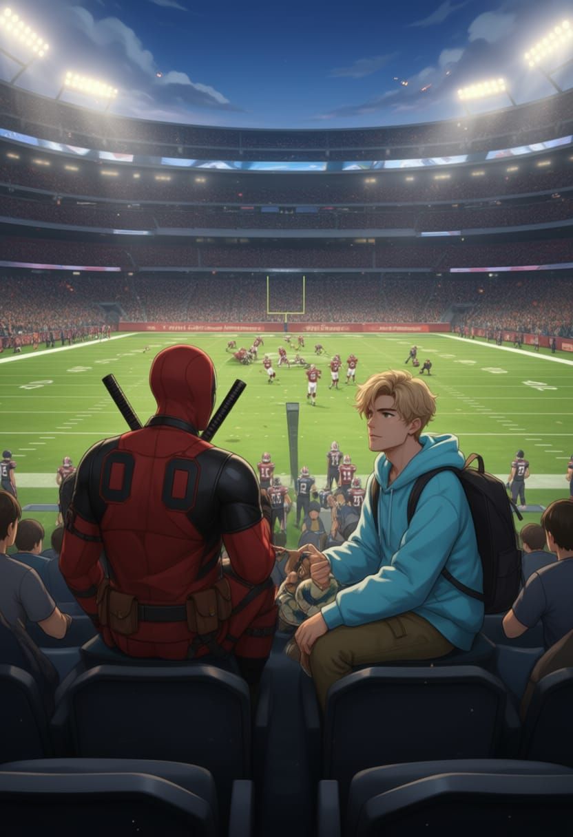 Deadpool and Oliver Watch Football Game in 3D Anime Style