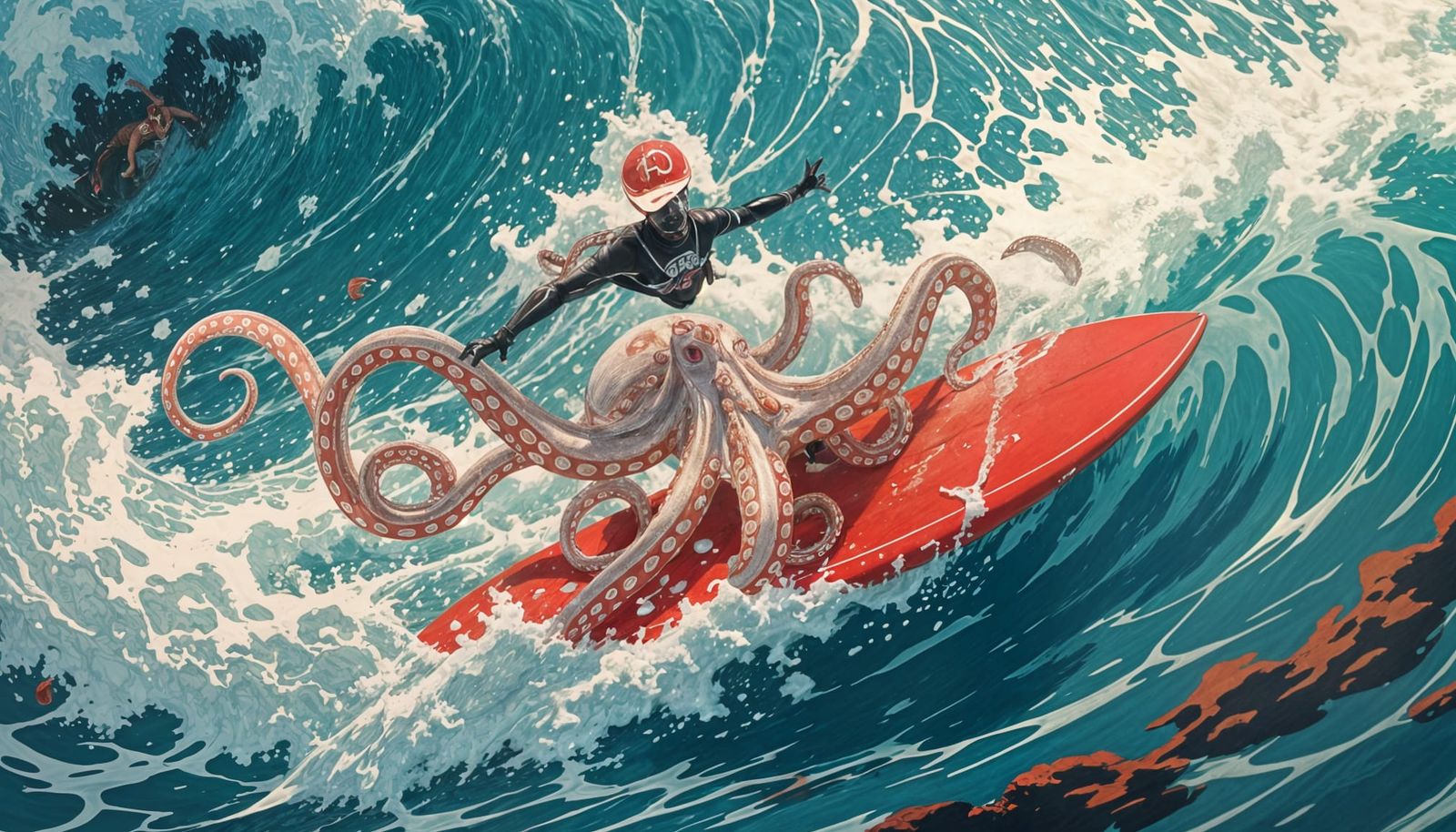 Metallic Octopus Surfing the Pacific Ocean