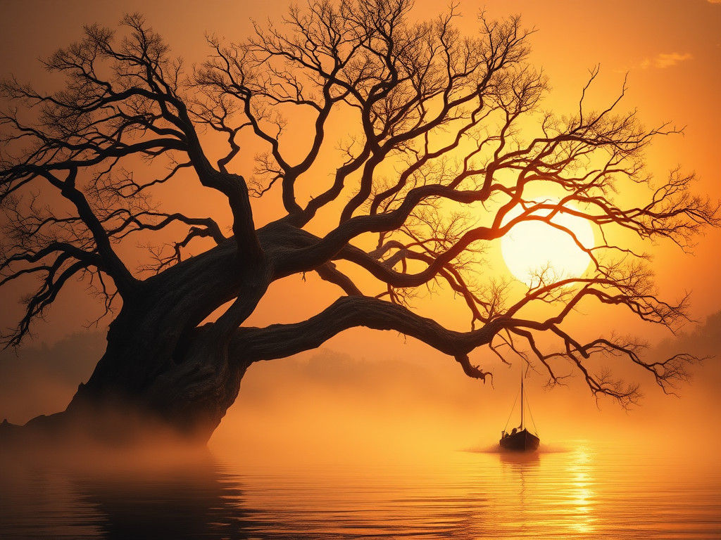 Misty River Tree at Sunset in Hyperreal Style