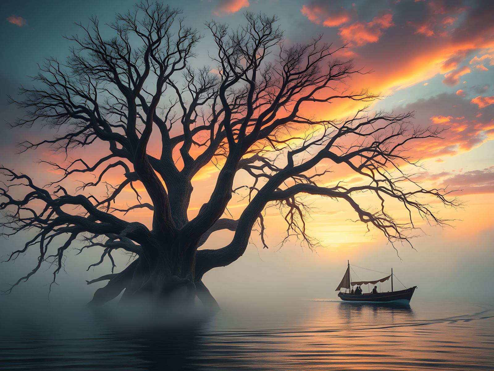 Majestic Tree in Misty Sunset River Scene