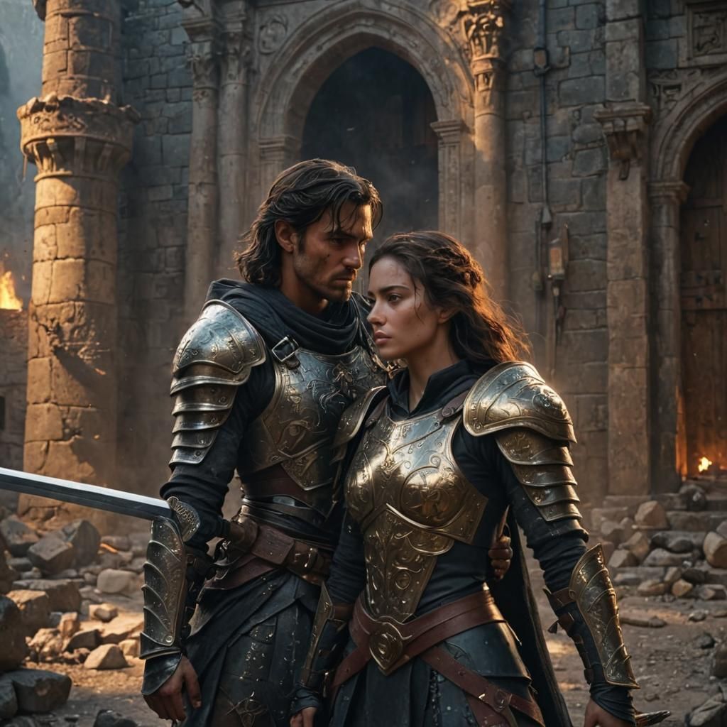 Epic Warrior and Companion in Golden Light